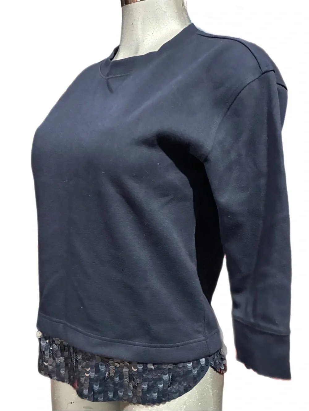 J. Crew Navy Blue Crewneck Sweatshirt Sequin-trimmed Hem 3/4 Sleeves XS Preppy